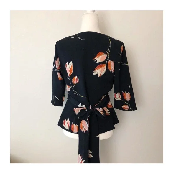 Zara Basic Collection Black Floral‎ Print Wrap Top Blouse Medium - Picture 3 of 7